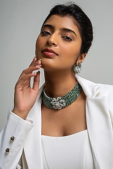 Gold Finish American Diamond & Green Stone Choker Necklace Set