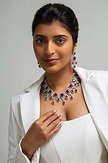 Gold Finish American Diamond & Red Stone Necklace Set