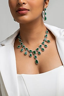 Gold Finish American Diamond & Green Stone Necklace Set