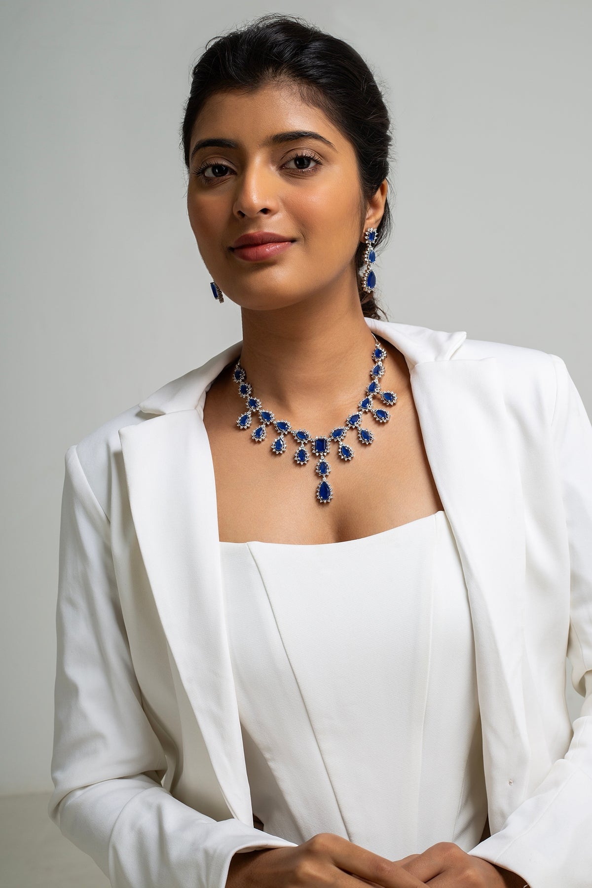 Gold Finish American Diamond & Blue Stone Necklace Set