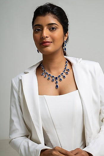 Gold Finish American Diamond & Blue Stone Necklace Set