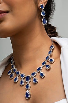 Gold Finish American Diamond & Blue Stone Necklace Set