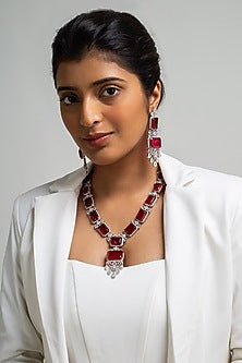 Gold Finish American Diamond & Red Stone Long Necklace Set