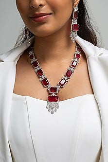 Gold Finish American Diamond & Red Stone Long Necklace Set