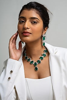 Gold Finish American Diamond & Green Stone Necklace Set