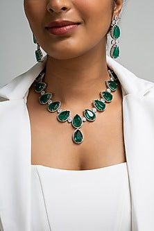 Gold Finish American Diamond & Green Stone Necklace Set