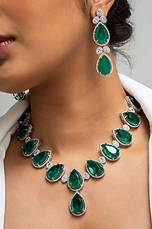 Gold Finish American Diamond & Green Stone Necklace Set