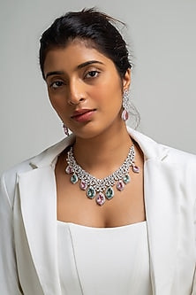 Gold Finish American Diamond & Multi-Colored Stone Necklace Set