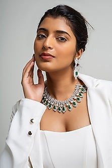 Gold Finish American Diamond & Green Stone Necklace Set