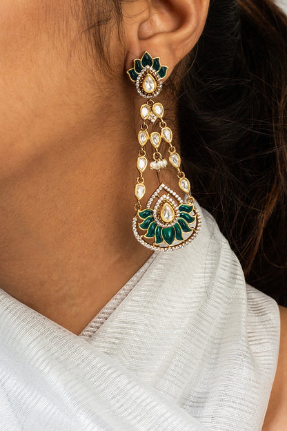 Gold Finish Green Kundan Polki Dangler Earrings