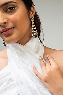 Gold Finish Green Kundan Polki Dangler Earrings