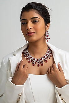 Gold Finish American Diamond & Red Stone Necklace Set