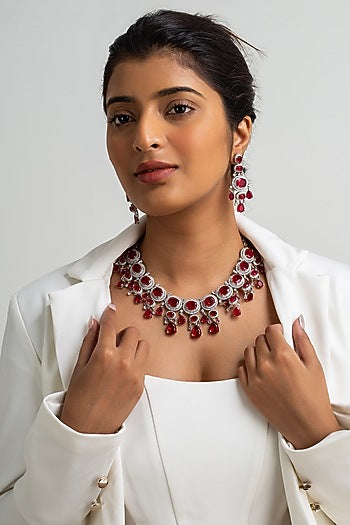 Gold Finish American Diamond & Red Stone Necklace Set