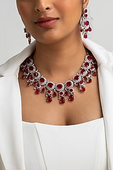 Gold Finish American Diamond & Red Stone Necklace Set