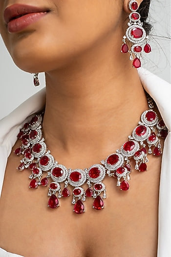 Gold Finish American Diamond & Red Stone Necklace Set