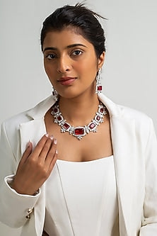 Gold Finish American Diamond & Red Stone Necklace Set