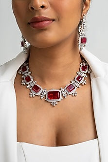 Gold Finish American Diamond & Red Stone Necklace Set