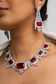 Gold Finish American Diamond & Red Stone Necklace Set