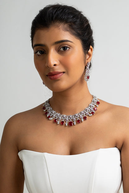 Gold Finish American Diamond & Red Stone Necklace Set