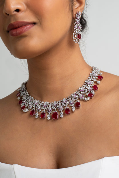 Gold Finish American Diamond & Red Stone Necklace Set