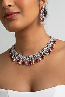 Gold Finish American Diamond & Red Stone Necklace Set