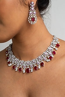 Gold Finish American Diamond & Red Stone Necklace Set