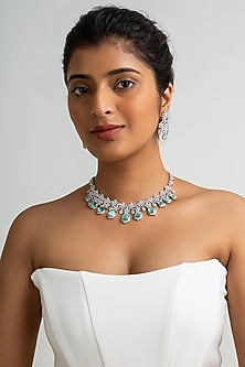 Gold Finish American Diamond & Mint Green Stone Necklace Set
