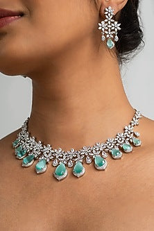 Gold Finish American Diamond & Mint Green Stone Necklace Set