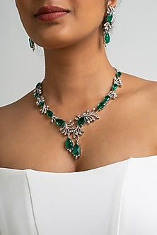 Gold Finish American Diamond & Green Stone Necklace Set