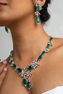 Gold Finish American Diamond & Green Stone Necklace Set