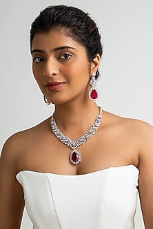 Gold Finish American Diamond & Red Stone Necklace Set