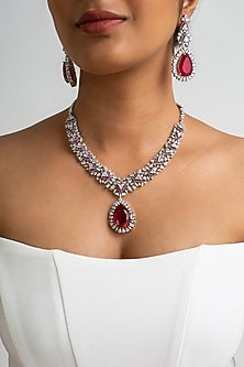 Gold Finish American Diamond & Red Stone Necklace Set