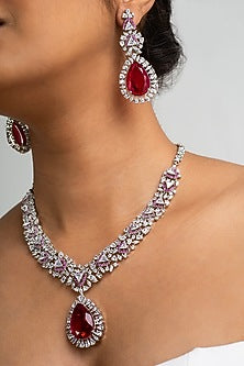 Gold Finish American Diamond & Red Stone Necklace Set