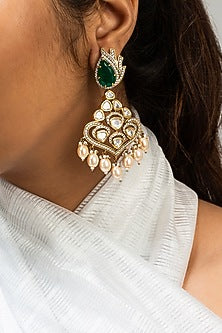 Gold Finish Green Kundan Polki Dangler Earrings