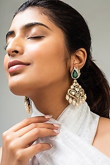 Gold Finish Green Kundan Polki Dangler Earrings