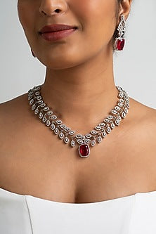 Gold Finish American Diamond & Red Stone Necklace Set