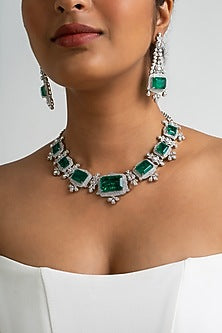 Gold Finish American Diamond & Green Stone Necklace Set