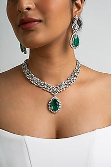 Gold Finish American Diamond & Green Stone Necklace Set