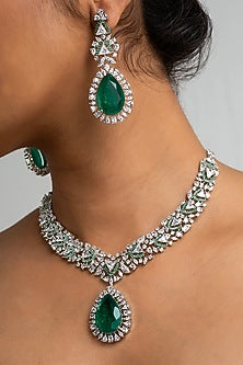 Gold Finish American Diamond & Green Stone Necklace Set