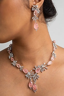 Gold Finish American Diamond & Pink Stone Necklace Set