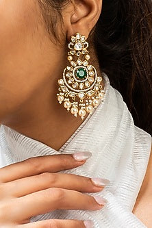 Gold Finish Green Kundan Polki Dangler Earrings