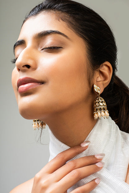 Gold Finish White Kundan Polki Dangler Earrings