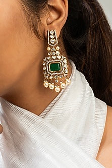 Gold Finish Green Kundan Polki Dangler Earrings