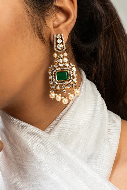 Gold Finish Green Kundan Polki Dangler Earrings