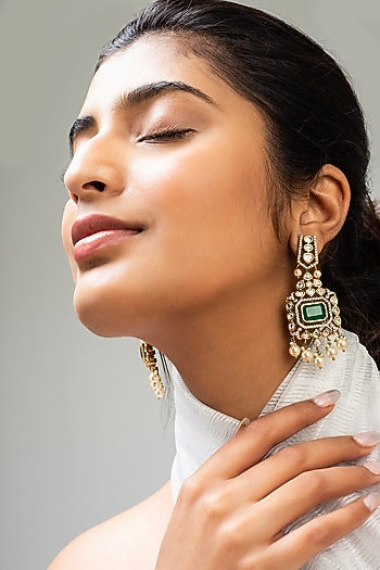 Gold Finish Green Kundan Polki Dangler Earrings