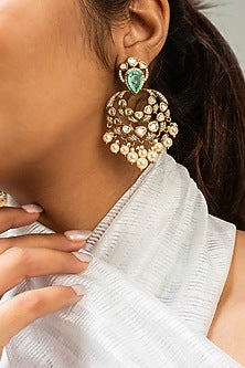 Gold Finish Green Kundan Polki Dangler Earrings