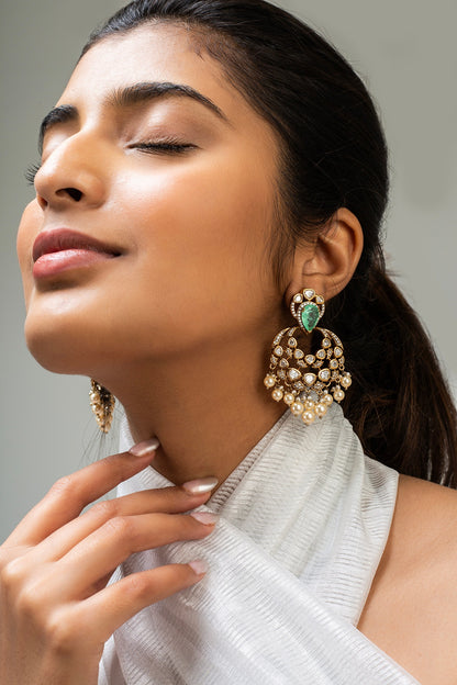 Gold Finish Green Kundan Polki Dangler Earrings