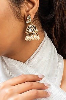 Gold Finish White Kundan Polki Dangler Earrings