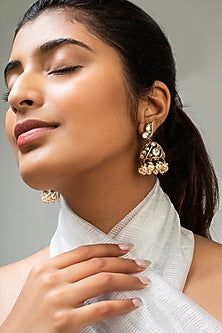 Gold Finish White Kundan Polki Dangler Earrings