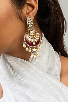 Gold Finish Red Kundan Polki Dangler Earrings